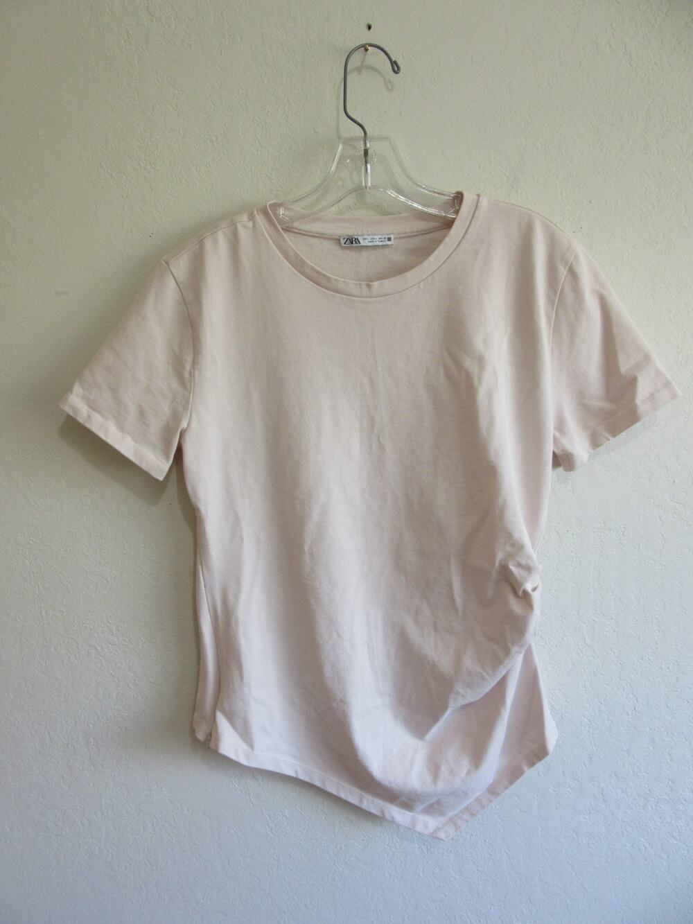 ZARA Blush Pink Pullover L 100% Cotton Side Ruched Top-CA